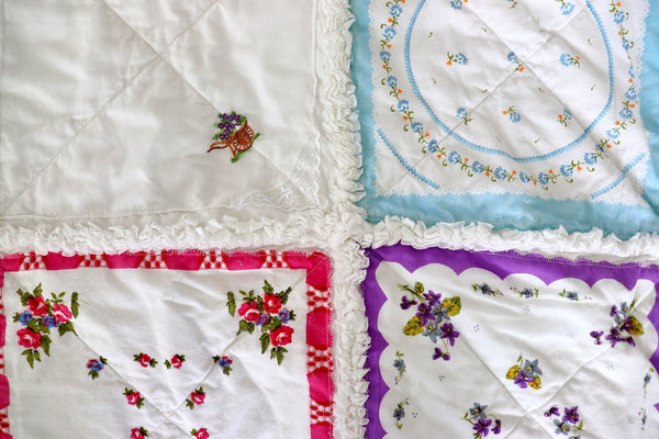 Handkerchief Rag Quilt. New Vintage Style Hankies Quilt with Flowers. Floral Hanky Lap Quilt for Her.