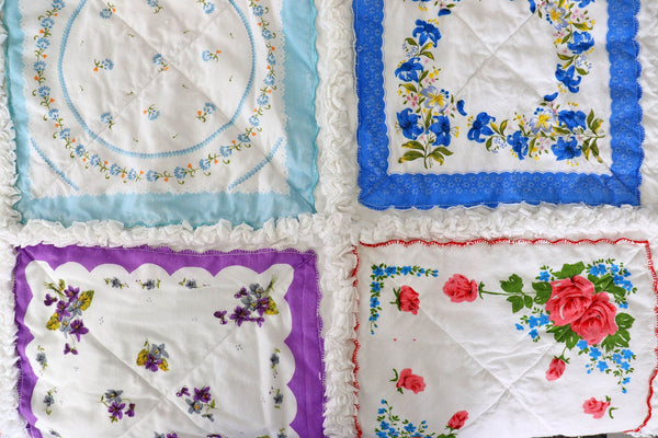 Handkerchief Rag Quilt. New Vintage Style Hankies Quilt with Flowers. Floral Hanky Lap Quilt for Her.