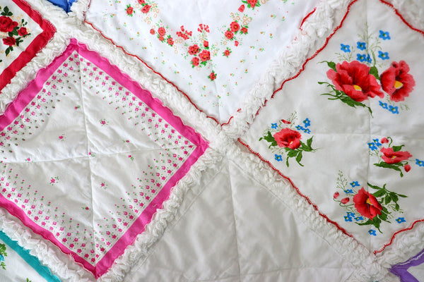 Handkerchief Rag Quilt. New Vintage Style Hankies Quilt with Flowers. Floral Hanky Lap Quilt for Her.