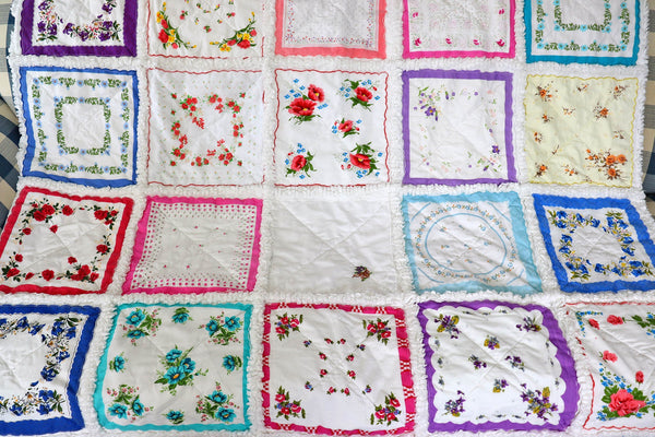 Handkerchief Rag Quilt. New Vintage Style Hankies Quilt with Flowers. Floral Hanky Lap Quilt for Her.