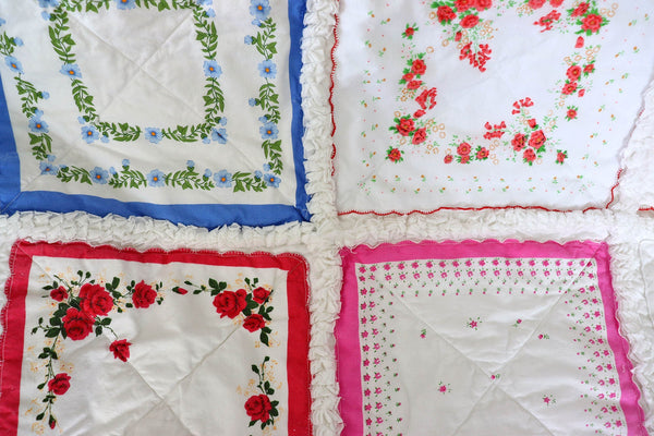 Handkerchief Rag Quilt. New Vintage Style Hankies Quilt with Flowers. Floral Hanky Lap Quilt for Her.