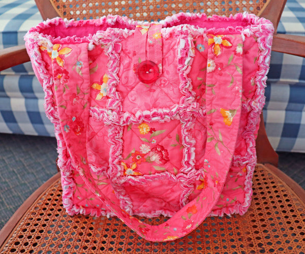 Pink Floral Rag Tote. Rag Quilt Tote. Flower Bag. Gift for Mom. Craft Tote. Gift for Her. Tote Bag with Pockets.