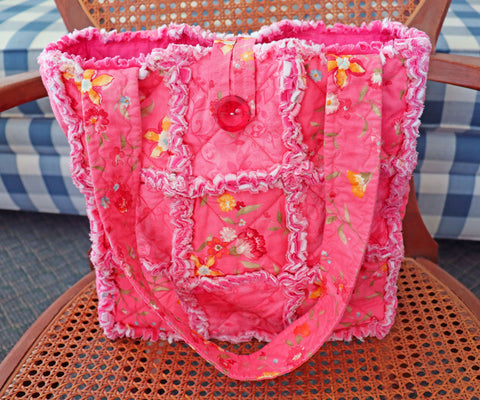 Pink Floral Rag Tote. Rag Quilt Tote. Flower Bag. Gift for Mom. Craft Tote. Gift for Her. Tote Bag with Pockets.