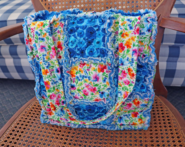 Blue Flowers Rag Tote. Rag Quilt Tote. Floral Bag. Gift for Mom. Craft Tote. Gift for Her. Tote Bag with Pockets.