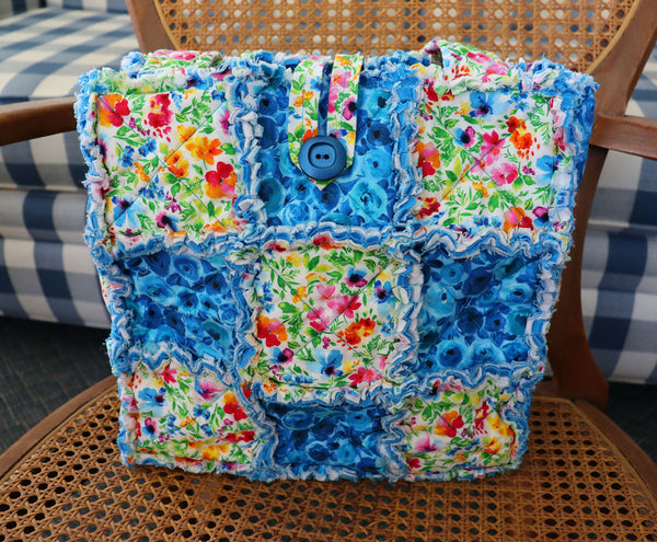 Blue Flowers Rag Tote. Rag Quilt Tote. Floral Bag. Gift for Mom. Craft Tote. Gift for Her. Tote Bag with Pockets.