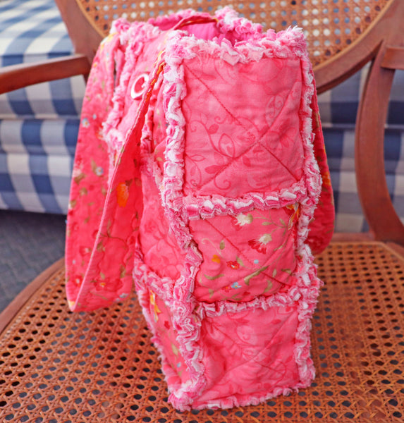 Pink Floral Rag Tote. Rag Quilt Tote. Flower Bag. Gift for Mom. Craft Tote. Gift for Her. Tote Bag with Pockets.