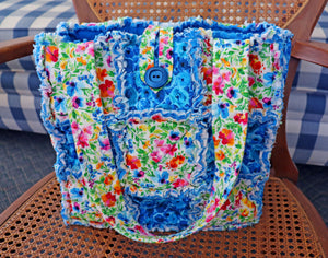 Blue Flowers Rag Tote. Rag Quilt Tote. Floral Bag. Gift for Mom. Craft Tote. Gift for Her. Tote Bag with Pockets.