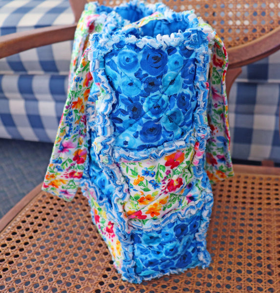 Blue Flowers Rag Tote. Rag Quilt Tote. Floral Bag. Gift for Mom. Craft Tote. Gift for Her. Tote Bag with Pockets.