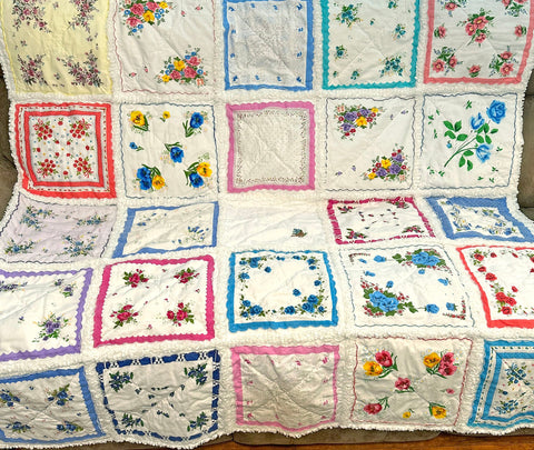 Handkerchief Rag Quilt. New Vintage Style Hankies Quilt with Flowers. Floral Hanky Lap Quilt for Her.