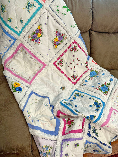 Handkerchief Rag Quilt. New Vintage Style Hankies Quilt with Flowers. Floral Hanky Lap Quilt for Her.