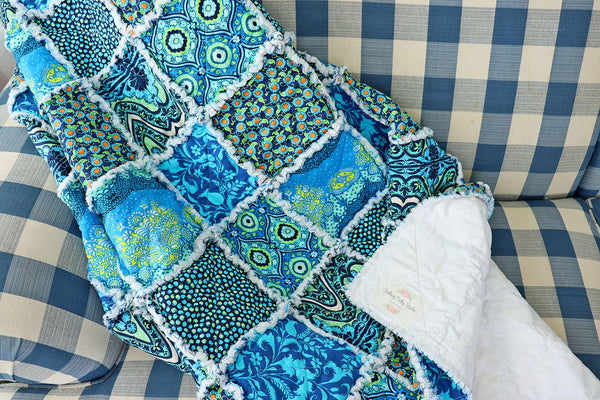 Blue and Green Rag Quilt. Amy Butler Lark Fabrics. Lap Quilt for Mother's Day Gift. Sunroom Decor. Rag Quilt Throw.