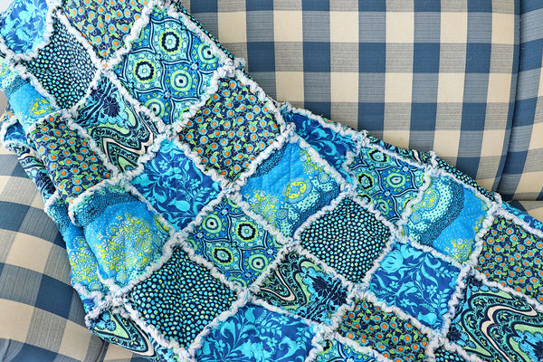 Blue and Green Rag Quilt. Amy Butler Lark Fabrics. Lap Quilt for Mother's Day Gift. Sunroom Decor. Rag Quilt Throw.