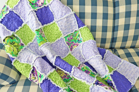 Purple and Green Floral Rag Quilt. Lap Quilt for Mother's Day Gift. Sunroom Decor. Rag Quilt Throw.