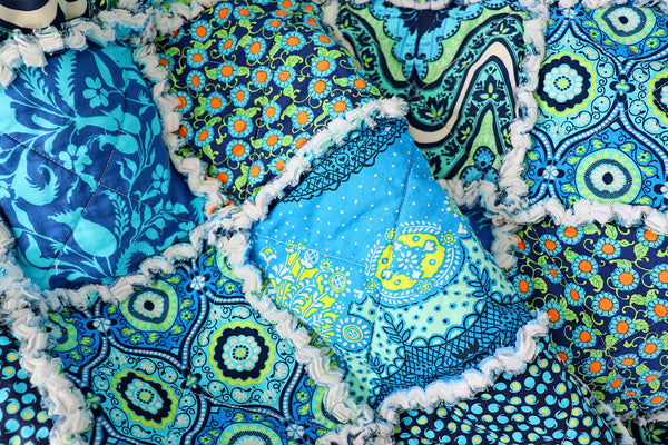 Blue and Green Rag Quilt. Amy Butler Lark Fabrics. Lap Quilt for Mother's Day Gift. Sunroom Decor. Rag Quilt Throw.