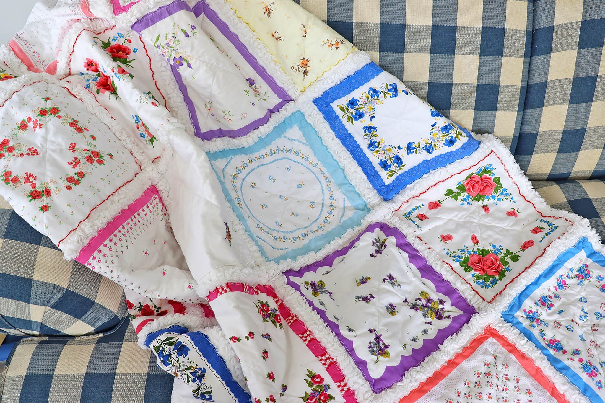 Handkerchief Rag Quilt. New Vintage Style Hankies Quilt with Flowers. Floral Hanky Lap Quilt for Her.