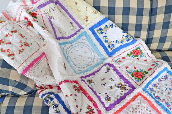 Handkerchief Rag Quilt. New Vintage Style Hankies Quilt with Flowers. Floral Hanky Lap Quilt for Her.