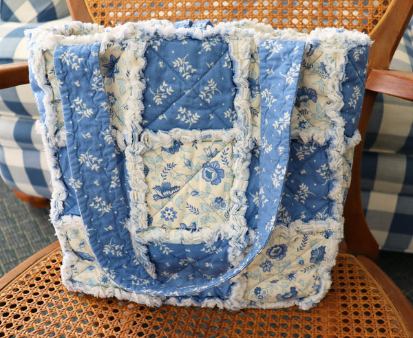 Blue and White Floral Rag Tote. Rag Quilt Tote. Flower Bag. Gift for Mom. Craft Tote. Gift for Her. Tote Bag with Pockets.