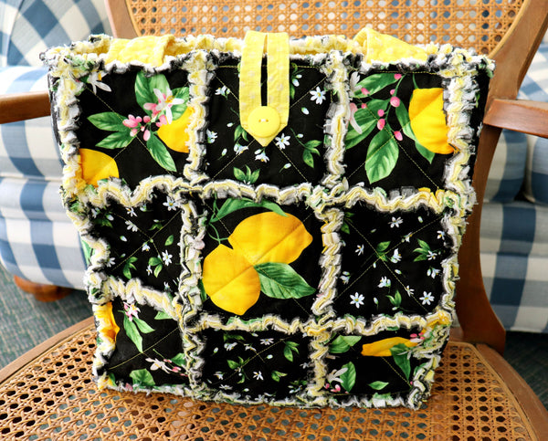 Lemon Rag Tote. Rag Quilt Tote. Lemon Tote Bag. Gift for Mom. Vacation Tote Bag. Gift for Her. Tote Bag with Pockets.