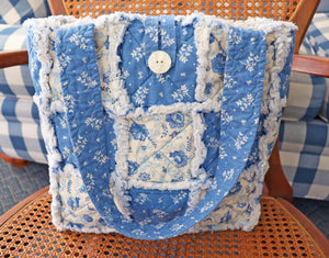 Blue and White Floral Rag Tote. Rag Quilt Tote. Flower Bag. Gift for Mom. Craft Tote. Gift for Her. Tote Bag with Pockets.