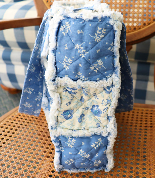 Blue and White Floral Rag Tote. Rag Quilt Tote. Flower Bag. Gift for Mom. Craft Tote. Gift for Her. Tote Bag with Pockets.