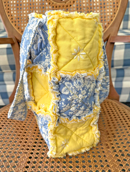 Blue and Yellow Floral Rag Tote. Rag Quilt Tote. Flower Bag. Gift for Mom. Craft Tote. Gift for Her. Tote Bag with Pockets.