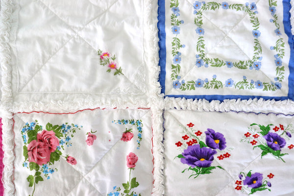 Handkerchief Rag Quilt. New Vintage Style Hankies Quilt with Flowers. Floral Hanky Lap Quilt for Her.