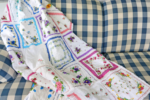 Handkerchief Rag Quilt. New Vintage Style Hankies Quilt with Flowers. Floral Hanky Lap Quilt for Her.