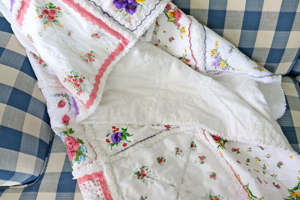 Handkerchief Rag Quilt. New Vintage Style Hankies Quilt with Flowers. Floral Hanky Lap Quilt for Her.