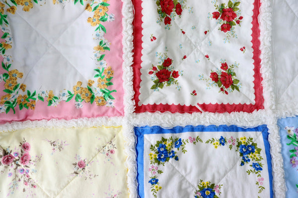 Handkerchief Rag Quilt. New Vintage Style Hankies Quilt with Flowers. Floral Hanky Lap Quilt for Her.