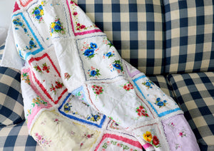 Handkerchief Rag Quilt. New Vintage Style Hankies Quilt with Flowers. Floral Hanky Lap Quilt for Her.