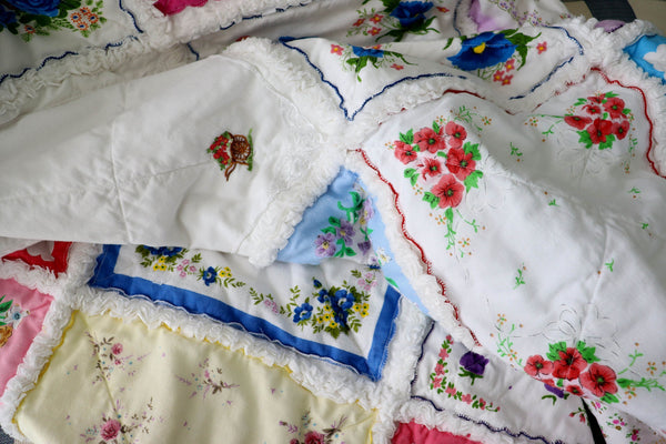 Handkerchief Rag Quilt. New Vintage Style Hankies Quilt with Flowers. Floral Hanky Lap Quilt for Her.