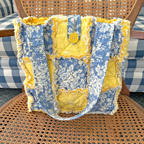 Blue and Yellow Floral Rag Tote. Rag Quilt Tote. Flower Bag. Gift for Mom. Craft Tote. Gift for Her. Tote Bag with Pockets.