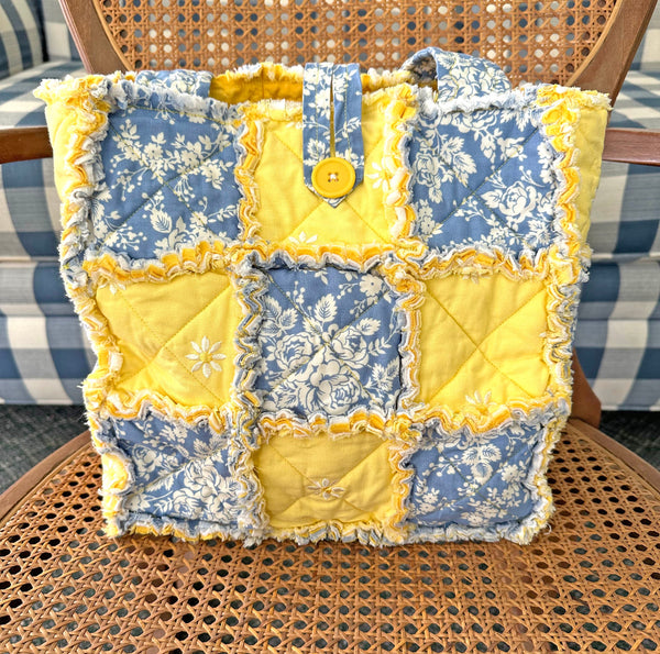 Blue and Yellow Floral Rag Tote. Rag Quilt Tote. Flower Bag. Gift for Mom. Craft Tote. Gift for Her. Tote Bag with Pockets.