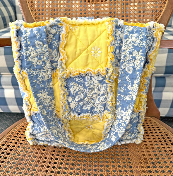 Blue and Yellow Floral Rag Tote. Rag Quilt Tote. Flower Bag. Gift for Mom. Craft Tote. Gift for Her. Tote Bag with Pockets.