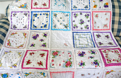 Handkerchief Rag Quilt. New Vintage Style Hankies Quilt with Flowers. Floral Hanky Lap Quilt for Her.