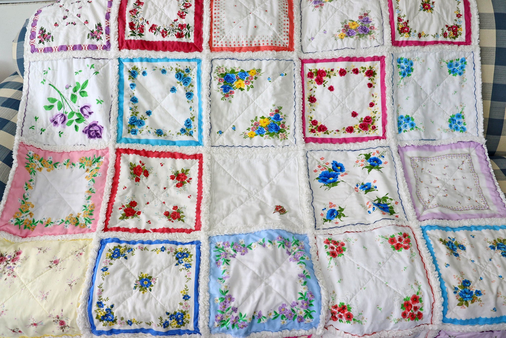 Handkerchief Rag Quilt. New Vintage Style Hankies Quilt with Flowers. Floral Hanky Lap Quilt for Her.