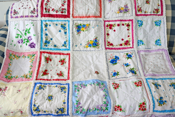 Handkerchief Rag Quilt. New Vintage Style Hankies Quilt with Flowers. Floral Hanky Lap Quilt for Her.