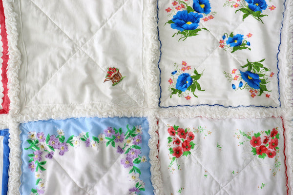 Handkerchief Rag Quilt. New Vintage Style Hankies Quilt with Flowers. Floral Hanky Lap Quilt for Her.