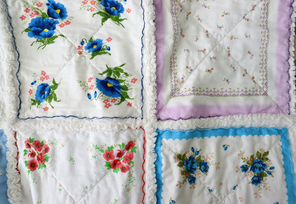 Handkerchief Rag Quilt. New Vintage Style Hankies Quilt with Flowers. Floral Hanky Lap Quilt for Her.