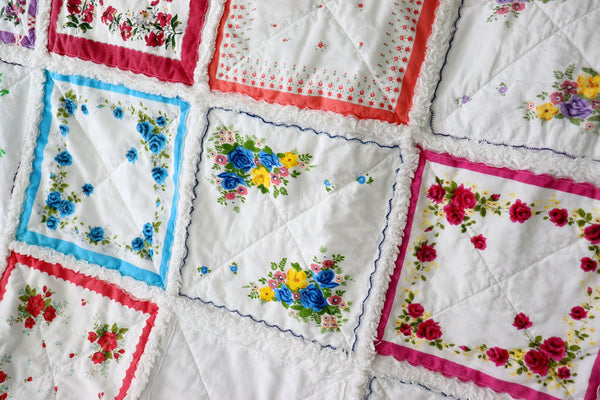 Handkerchief Rag Quilt. New Vintage Style Hankies Quilt with Flowers. Floral Hanky Lap Quilt for Her.