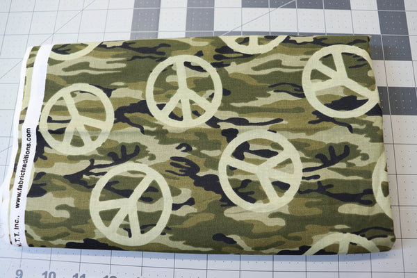 Green Peace Sign Camouflage Cotton Fabric - 1 1/3 yd