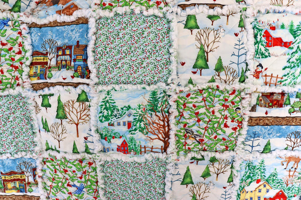 Christmas Village Rag Quilt: Snowmen & Cardinals Holiday Lap Quilt
