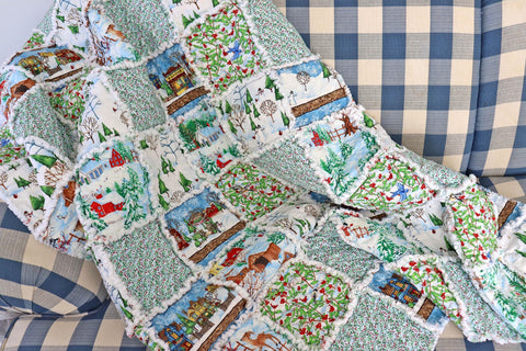 Christmas Village Rag Quilt: Snowmen & Cardinals Holiday Lap Quilt