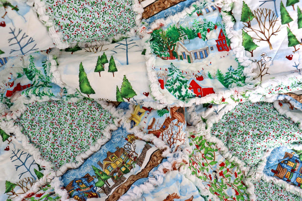 Christmas Village Rag Quilt: Snowmen & Cardinals Holiday Lap Quilt