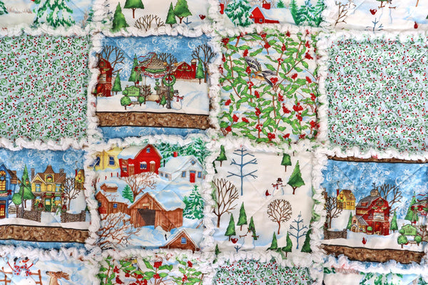 Christmas Village Rag Quilt: Snowmen & Cardinals Holiday Lap Quilt