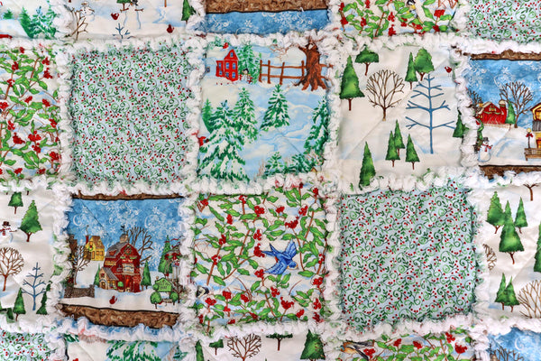 Christmas Village Rag Quilt: Snowmen & Cardinals Holiday Lap Quilt