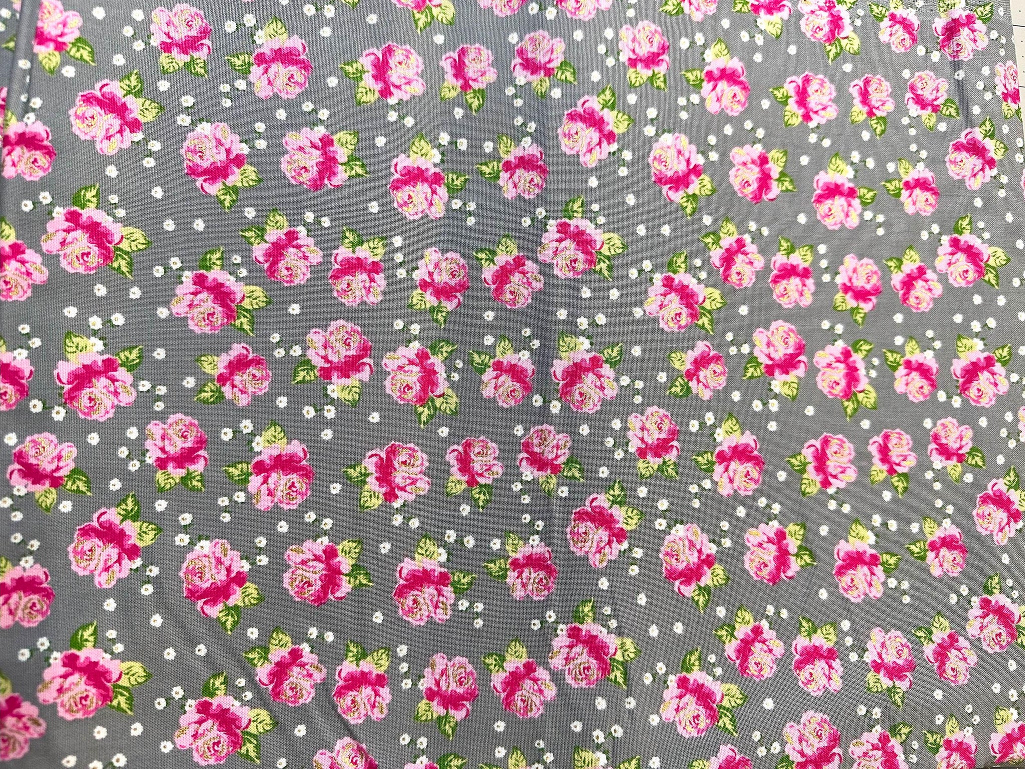 Ditzy Rose Fabric: Gray and Pink Floral, 1 1/2 yd