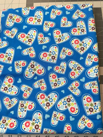M'Liss Spring Floral II Cotton Fabric: Blue Heart Quilt Material 2 5/6 yd