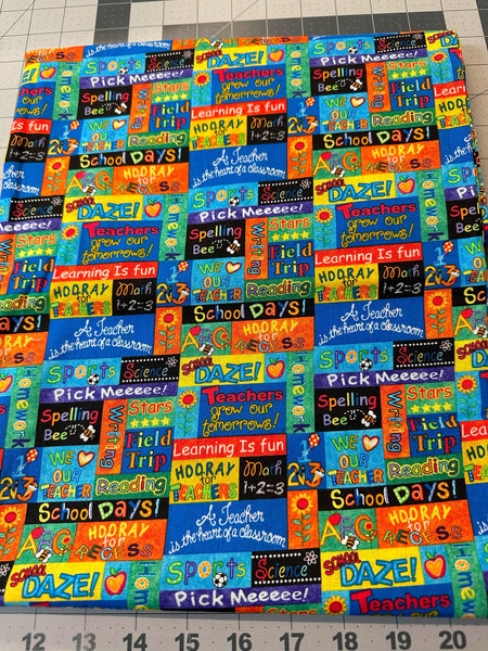 1 3/4 yd Teacher School Words Patchwork Fabric