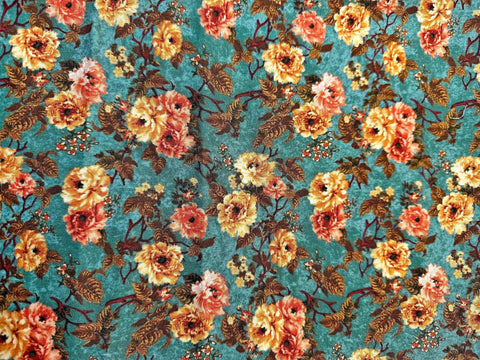 Teal Floral Quilt Fabric: 2/3 yd Cotton Material